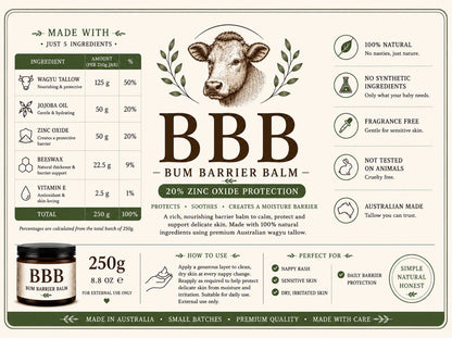 The Beef Bus Bum Barrier Balm 250g jar with 20% zinc oxide, featuring natural wagyu tallow ingredients and benefits.