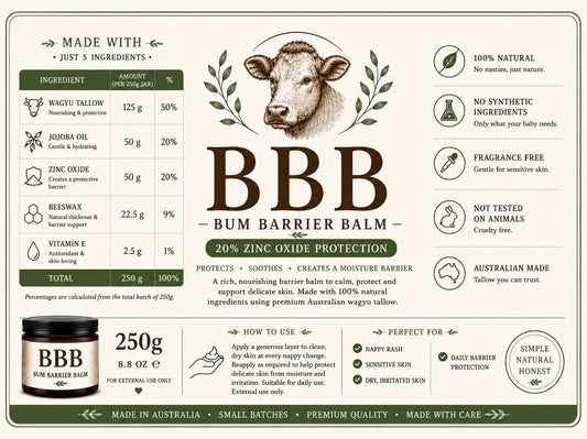 The Beef Bus Bum Barrier Balm 250g jar with 20% zinc oxide, featuring natural wagyu tallow ingredients and benefits.