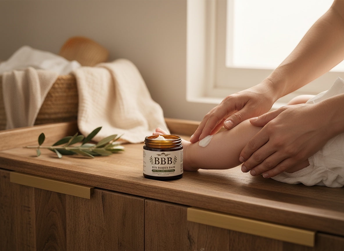 The Beef Bus Bum Barrier Balm in an amber jar being applied to a baby's leg on a wooden changing table.