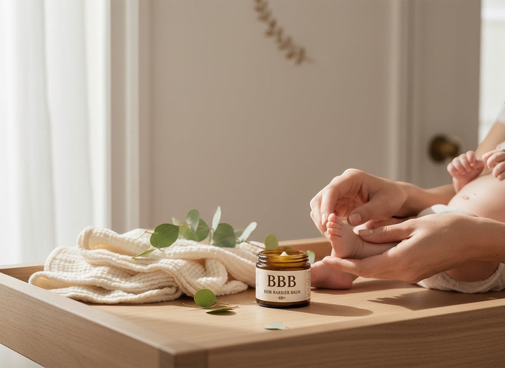 The Beef Bus Bum Barrier Balm in an amber glass jar on a changing table with a baby's feet and natural muslin cloth.