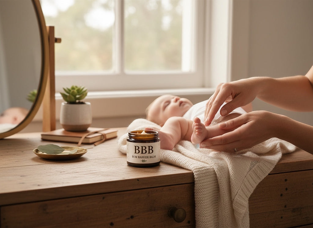 The Beef Bus Bum Barrier Balm jar on a wooden table next to a parent applying natural tallow cream to a baby's skin.