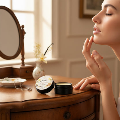Woman applying The Beef Bus camel suet tallow lip balm from a small black jar at a wooden vanity table.
