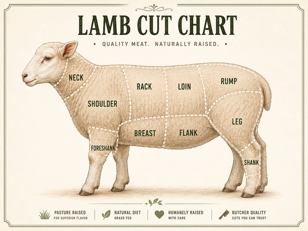 The Beef Bus lamb cut chart illustrating various meat cuts like rack, loin, and leg for custom butchery orders.