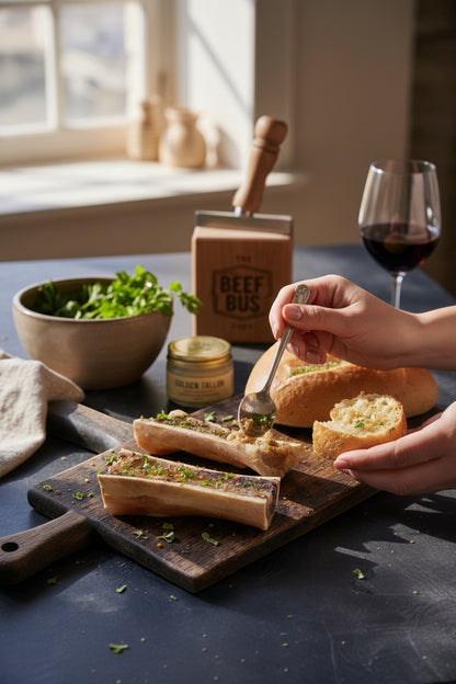 The Beef Bus grass-fed beef marrow bones served on a wooden board with fresh herbs, bread, and a glass of red wine.
