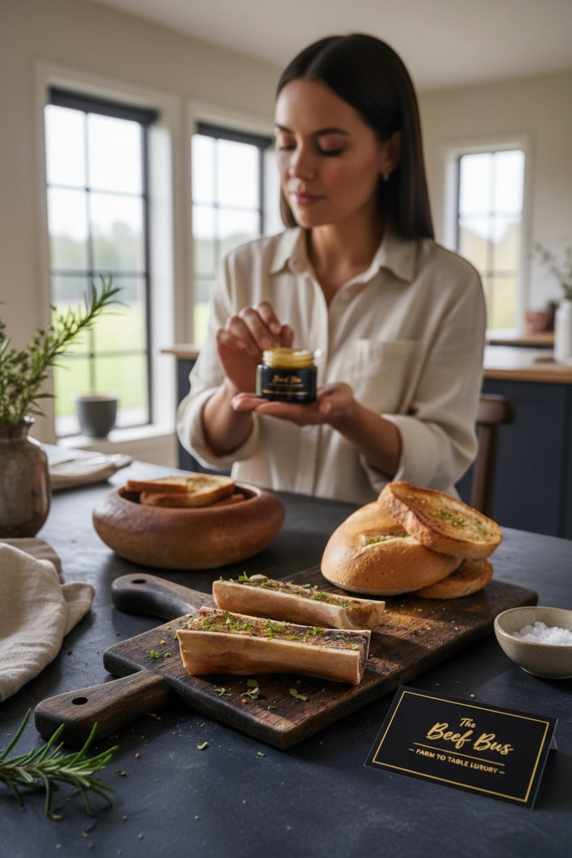 The Beef Bus premium grass-fed beef marrow bones served on a wooden board with toasted bread and a woman in background