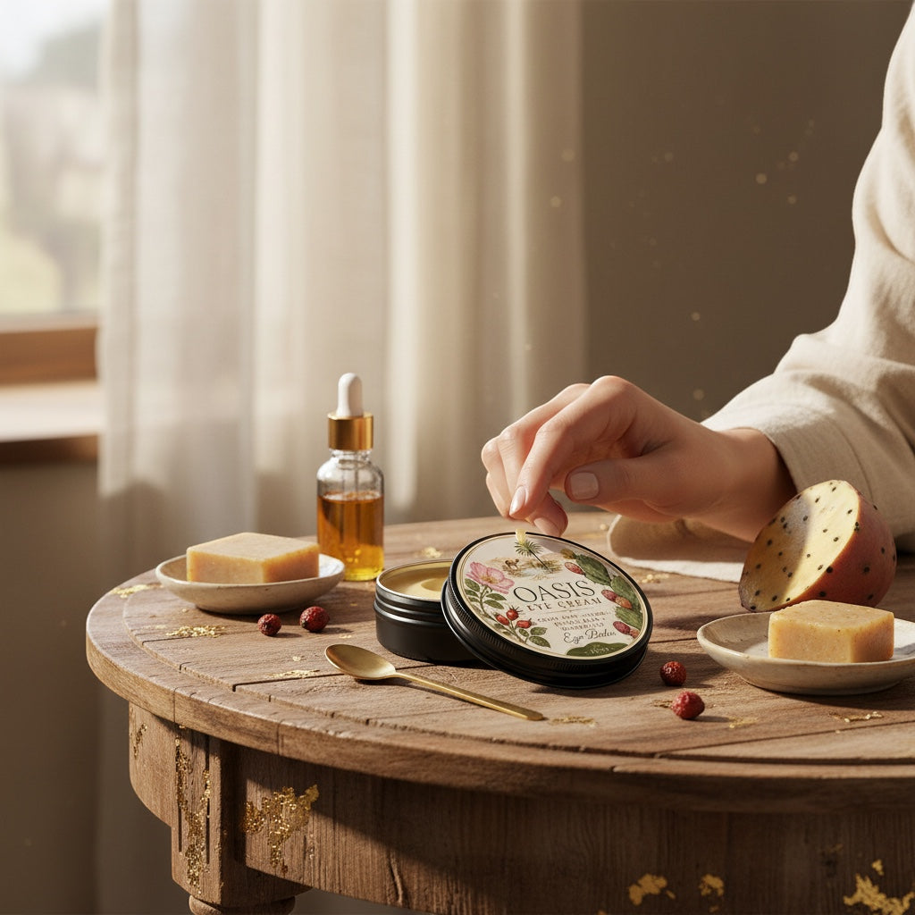 The Beef Bus Oasis Eye Cream in a black jar on a wooden table with natural ingredients like prickly pear and oil.