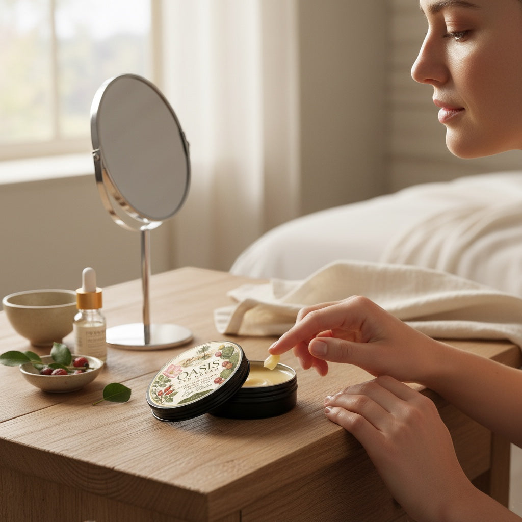 The Beef Bus Oasis Eye Cream in a small jar, being applied by a woman at a vanity with natural skincare ingredients.