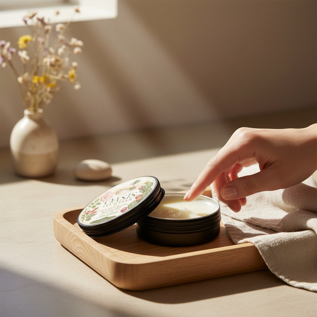 The Beef Bus Oasis Eye Cream in a black jar on a wooden tray, with a finger touching the natural tallow balm.