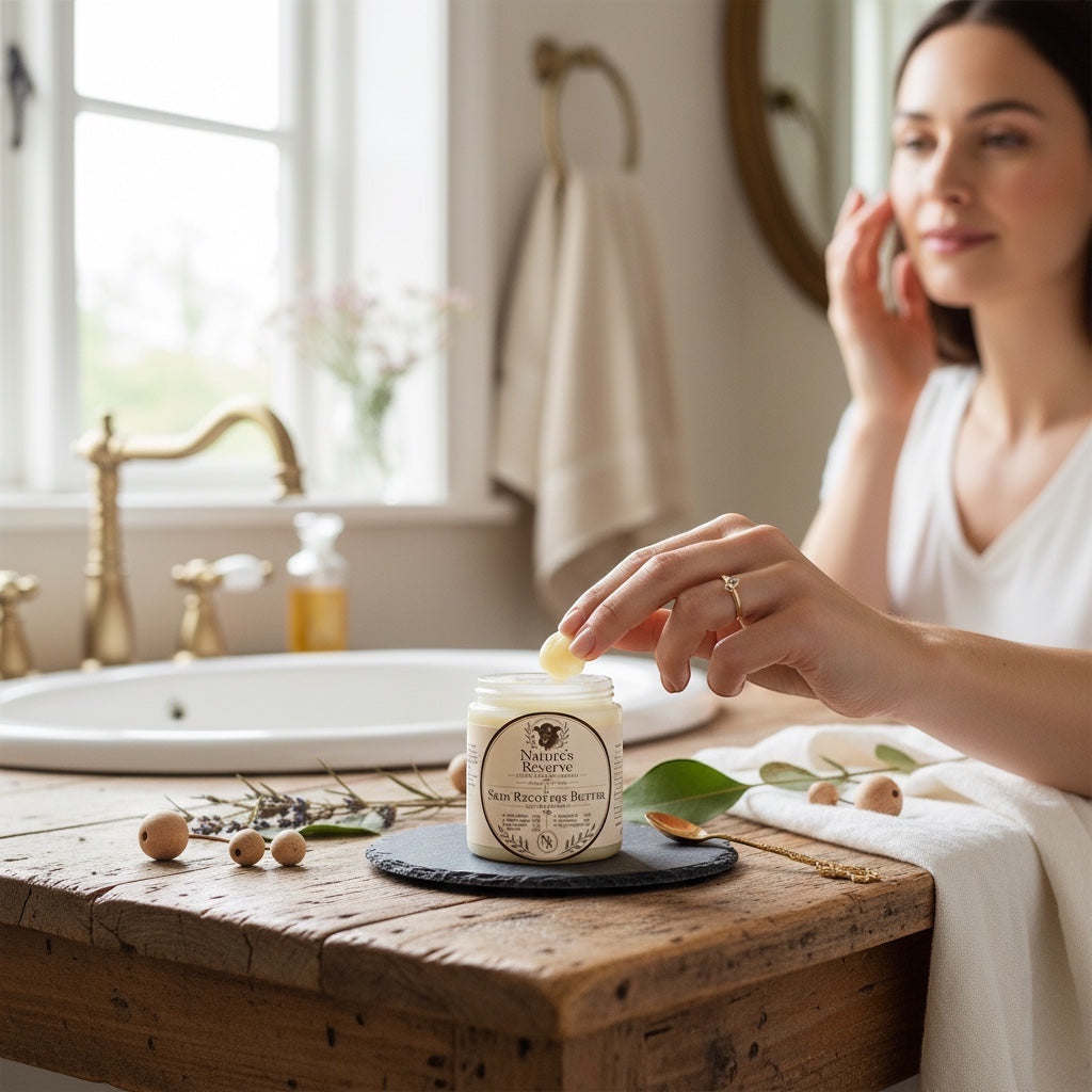 The Beef Bus Skin Recovery Butter with Kombo butter in a glass jar on a rustic wooden table in a bright bathroom.