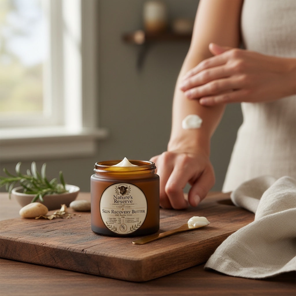 The Beef Bus Skin Recovery Butter in an amber glass jar, applied to skin to soothe dryness with natural tallow.