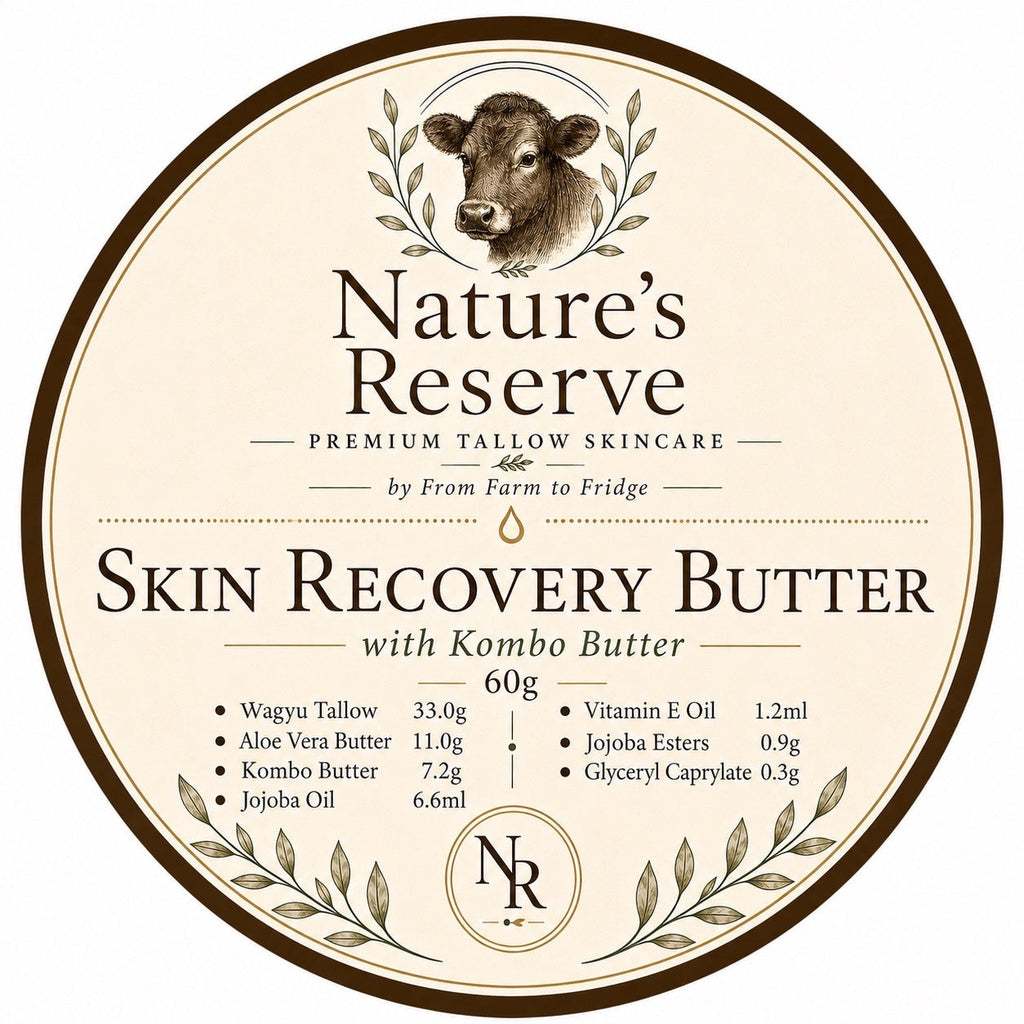 The Beef Bus Skin Recovery Butter label featuring Wagyu tallow and Kombo butter for restorative skincare.