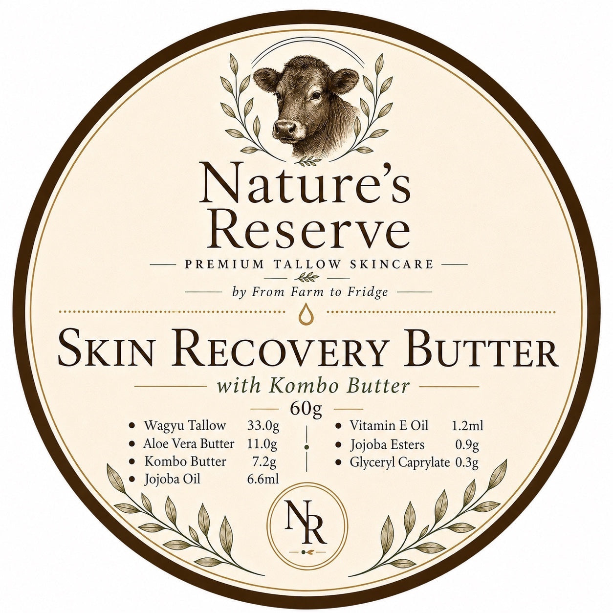 The Beef Bus Skin Recovery Butter label featuring Wagyu tallow and Kombo butter for restorative skincare.