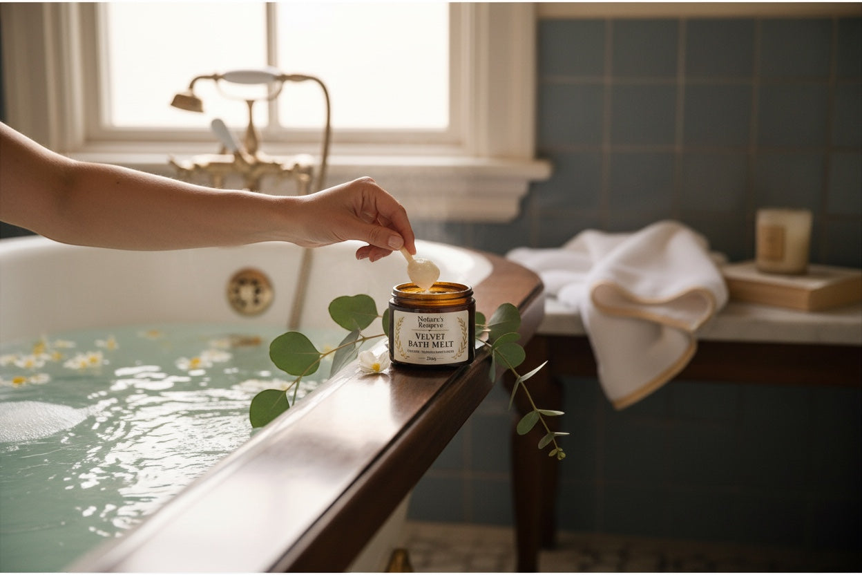 The Beef Bus Velvet Bath Melt tallow soak in an amber jar with a wooden scoop by a relaxing bath with eucalyptus.