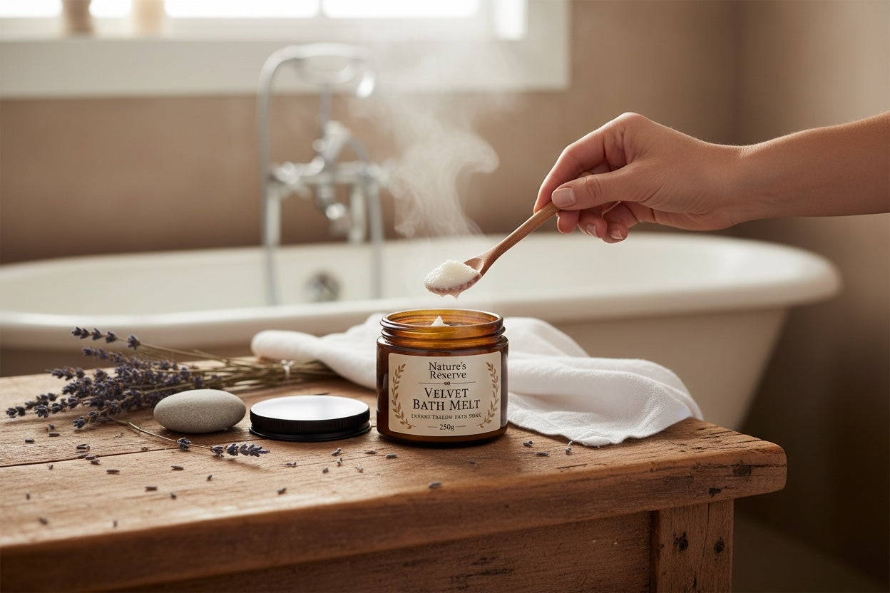 The Beef Bus Velvet Bath Melt tallow soak in an amber jar with a wooden spoon, lavender, and a spa-like bath setting.