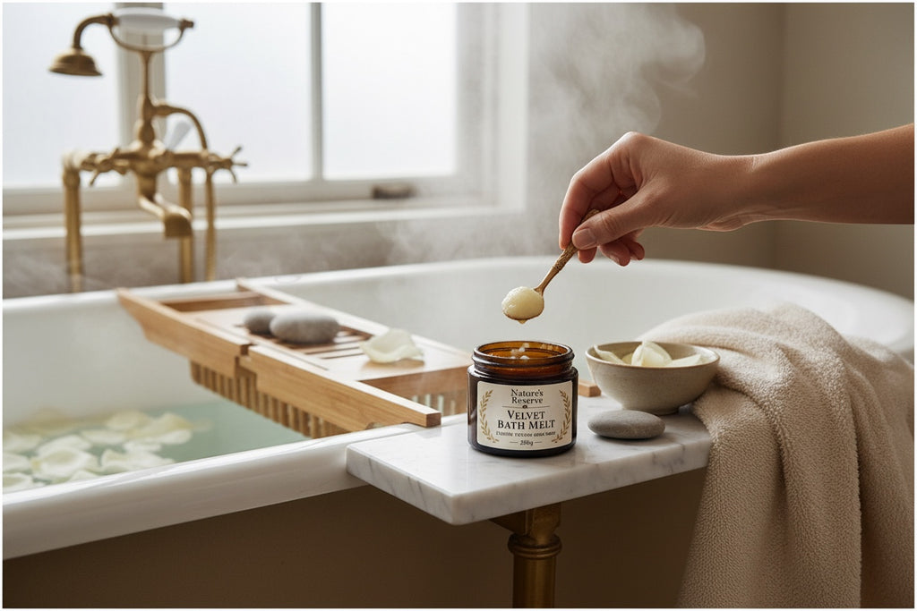 The Beef Bus Velvet Bath Melt tallow soak in a glass jar, being scooped with a spoon by a steaming bath.