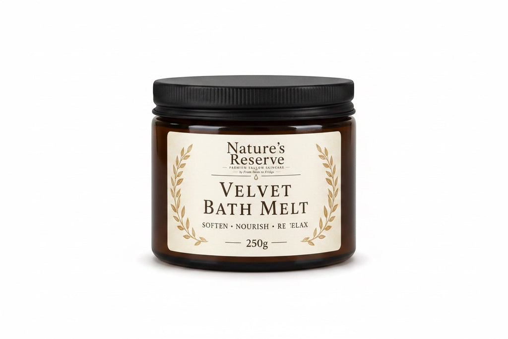 The Beef Bus Velvet Bath Melt 250g amber glass jar with black lid, a luxury Wagyu tallow bath soak for skin hydration.