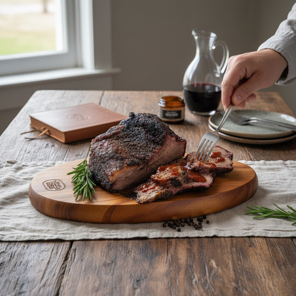 The Beef Bus Wagyu smoking brisket sliced on a wooden board with rosemary, featuring rich marbling and dark bark.