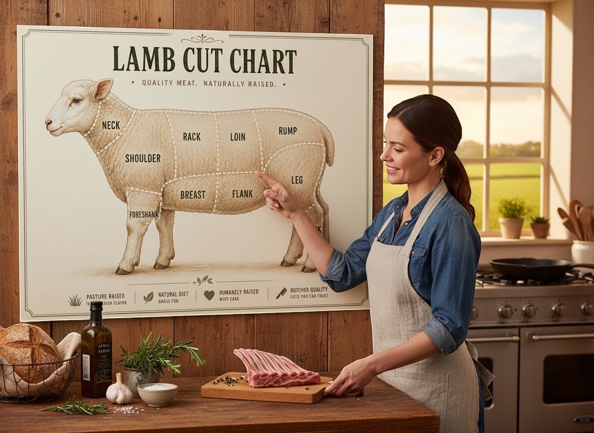 Woman in apron pointing to a lamb cut chart in a kitchen, showcasing The Beef Bus premium whole lamb selection.