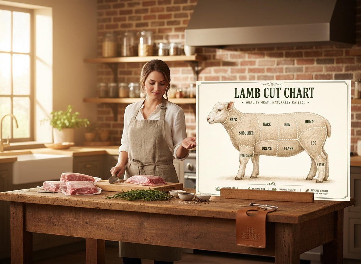Woman in apron preparing premium raw lamb cuts in a kitchen next to a The Beef Bus lamb cut chart poster.