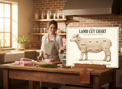 Woman in apron preparing premium raw lamb cuts in a kitchen next to a The Beef Bus lamb cut chart poster.